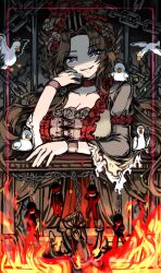 1girl bird black_background blue_eyes bow breasts brown_hair burnt_clothes chain choker curtained_hair dress dress_ribbon fire flower frilled_sleeves frills goose grey_dress grin highres indicant&#039;s_trial_(e.g.o) large_breasts limbus_company long_hair looking_at_viewer nra_3614 pink_bow project_moon red_choker red_pupils rodion_(project_moon) rose simple_background smile solo standing updo upper_body white_flower white_rose