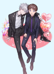 2boys absurdres balloon black_bow black_bowtie black_footwear black_jacket black_pants black_shirt black_suit blue_background blue_eyes blush bow bowtie brown_hair closed_mouth collared_shirt flower formal_clothes full_body grey_hair hair_over_one_eye hand_on_another&#039;s_shoulder heart heart_balloon highres himo_(himodayoo) ikari_shinji jacket jewelry long_sleeves looking_at_viewer male_focus multiple_boys nagisa_kaworu necktie neon_genesis_evangelion non-web_source open_clothes open_jacket open_mouth pants petals purple_bow purple_bowtie purple_necktie red_eyes ring shirt shoes short_hair simple_background sitting smile suit teeth tuxedo white_flower white_shirt yaoi