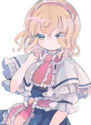 1girl alice_margatroid blonde_hair blue_dress blue_eyes blush capelet closed_mouth dress expressionless frills hair_between_eyes hairband hand_up heart hiyuu_(hiyualice) lolita_hairband looking_at_viewer medium_hair neckerchief red_neckerchief short_sleeves solo touhou upper_body white_background white_capelet