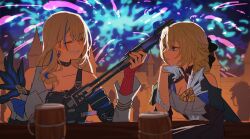 2girls absurdres barrel_mug beer_mug black_choker blonde_hair blue_hair choker closed_eyes cocolia_rand commentary_request cup eardoor_1022 earrings fireworks gloves head_on_hand highres honkai:_star_rail honkai_(series) jewelry korean_commentary mug multicolored_hair multiple_girls purple_eyes serval_landau sitting smile streaked_hair two-tone_hair white_gloves