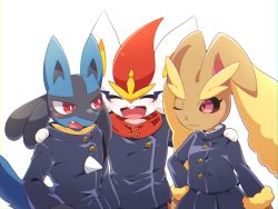 1girl 2boys :3 ^_^ animal_ears animal_hands animal_nose arm_around_shoulder arms_up black_fur black_jacket black_sclera black_skirt blue_fur blush body_fur brown_fur buck_teeth buttons chromatic_aberration closed_eyes closed_mouth clothed_pokemon colored_sclera fang furry furry_female furry_male gen_4_pokemon gen_8_pokemon hand_on_own_hip happy highres jacket long_sleeves looking_at_another looking_to_the_side lopunny lucario multiple_boys nintendo one_eye_closed open_mouth pleated_skirt pokemon pokemon_(creature) rabbit_boy rabbit_ears rabbit_girl red_eyes red_hair red_shirt school_uniform scorbunny shirt short_hair simple_background skirt smile snout spikes standing subaru331 sweat tail teeth two-tone_fur upper_body white_background white_fur white_shirt wolf_boy wolf_ears wolf_tail yellow_fur