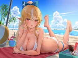 1girl absurdres ass ball barefoot beach beach_towel beach_umbrella beachball bikini blonde_hair blue_bow blue_garter blue_sky bow breasts butt_crack cleavage cloud cola collarbone cooler cup dark-skinned_female dark_elf dark_skin day drink drinking_glass drinking_straw elf feet feet_up food hair_bow high_ponytail highres holding holding_drink holding_food hololive horizon ice ice_cube large_breasts long_hair looking_at_viewer lying multicolored_hair o-ring o-ring_bikini_bottom o-ring_swimsuit ocean on_stomach outdoors p-tomi palm_tree pointy_ears ponytail red_eyes sand shade shiranui_flare shore sky skyline soles solo streaked_hair swimsuit the_pose towel tree umbrella virtual_youtuber water white_bikini