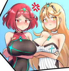 Rule 34 | blonde hair, breasts, jarckius, large breasts, mythra (radiant beach) (xenoblade), mythra (xenoblade), pyra (pro swimmer) (xenoblade), pyra (xenoblade), red eyes, short hair, xenoblade chronicles (series), xenoblade chronicles 2, yellow eyes