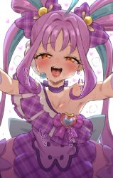 Rule 34 | 1girl, ahoge, blue hair, bow, bow choker, breasts, choker, collarbone, commentary, cure kyunkyun, dress, earrings, hair bow, headset, highres, idol heart brooch, jewelry, kimi to idol precure, long hair, looking at viewer, magical girl, mo (boo1719501boo), multicolored hair, multiple earrings, narrowed eyes, open mouth, orange eyes, outstretched arms, plaid bow, precure, purple bow, purple choker, purple dress, purple hair, reaching, reaching towards viewer, saliva, saliva trail, shigure kokoro, single bare shoulder, small breasts, solo, strapless, strapless dress, streaked hair, teeth, tongue, tongue out, translation request, twintails, two-tone hair, upper teeth only, variant set, very long hair