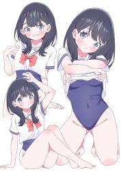 1girl black_hair blue_eyes blush breasts clothes_lift gridman_universe gridman_universe_(movie) highres long_hair looking_at_viewer medium_breasts neckerchief red_neckerchief sailor_collar school_swimsuit school_uniform serafuku shirt shirt_lift sho_(shoshos_8888) simple_background small_breasts smile solo swimsuit takarada_rikka thighs