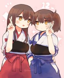 2girls akagi_(kancolle) anniversary blue_hakama brown_eyes brown_hair commentary_request hakama hakama_short_skirt hakama_skirt ina_(1813576) index_finger_raised japanese_clothes kaga_(kancolle) kantai_collection multiple_girls muneate pink_background red_hakama side_ponytail skirt sparkle_background tasuki v