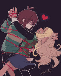 1girl 1other antenna_hair antlers black_shirt black_skirt blonde_hair brown_hair checkered_clothes checkered_sweater_vest checkered_vest closed_eyes colored_eyelashes commentary dancing deer_antlers deer_girl deer_tail deltarune furry furry_female green_sweater hand_on_another&#039;s_back highres horns kris_(deltarune) noelle_holiday plant rechain shirt short_hair signature skirt soul_(deltarune) striped_clothes striped_sweater sweat sweater symbol-only_commentary tail thorn_ring_(deltarune) thorns vest vines weird_route_(deltarune)
