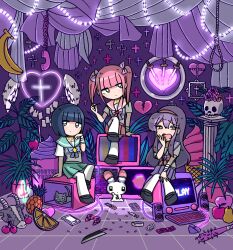 3girls animal apple banana bandaged_arm bandages black_eyes black_footwear blue_bow blue_hair blunt_bangs bob_cut bow boxcutter brass_knuckles cactus cat cellphone cherry closed_mouth collar commentary condom condom_wrapper cross crystal expressionless ezaki_bisuko flower food fruit green_collar green_skirt hair_between_eyes hairband hand_in_own_hair hand_to_own_mouth heart heart-shaped_mouth hexagram highres ice_cream jewelry computer_keyboard knife long_hair looking_to_the_side menhera-chan_(ezaki_bisuko) menhera-chan_(ezaki_bisuko)_(character) monitor computer_mouse multiple_girls necklace neon_sign noose orange_(fruit) pear phone pill pillar pineapple pink_bow pink_flower pink_hair pink_hairband pink_sailor_collar pink_skirt plant pleated_skirt potted_plant purple_bow purple_flower purple_hair purple_sailor_collar purple_skirt rabbit sabukaru-chan_(ezaki_bisuko) sailor_collar school_uniform serafuku short_hair short_twintails sidelocks sitting skirt skull smartphone smoothie speaker star_(symbol) star_of_david strawberry symbol-only_commentary syringe television thighhighs tomato twintails usatan_(ezaki_bisuko) weapon white_serafuku white_thighhighs yumekawa-chan_(ezaki_bisuko)