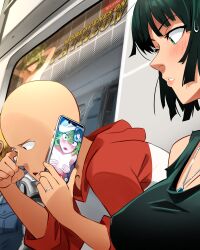 1girl 2boys absurdres bald blonde_hair blush breasts commentary covering_breasts covering_privates english_commentary fubuki_(one-punch_man) genos green_eyes green_hair highres holding holding_phone hood hood_down hooded_sweater indoors jewelry khyle. large_breasts leaning_forward medium_hair multiple_boys necklace one-punch_man open_mouth parted_lips phone ring saitama_(one-punch_man) siblings sisters sitting sweatdrop sweater tatsumaki tracen_training_uniform upper_body video_call wedding_ring you&#039;re_doing_it_wrong