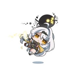 1girl ahoge arikuigames1105 artist_name black_gloves black_shorts boots chibi chibi_only closed_mouth commentary_request fingerless_gloves floating frown full_body gloves highres long_hair looking_at_viewer shorts simple_background solo twitter_username white_background white_boots white_hair yellow_eyes yi_xuan_(zenless_zone_zero) zenless_zone_zero