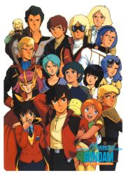 1980s_(style) 6+boys 6+girls amuro_ray aqua_hair arm_behind_head arm_hug arm_up black_eyes black_hair blonde_hair blue_eyes blue_hair bright_noa brown_hair char_aznable copyright_name eating elpeo_puru eyewear_on_head fa_yuiry four_murasame glemy_toto green_eyes gundam gundam_zz haman_karn hand_on_another&#039;s_shoulder hand_on_own_chin hand_to_own_mouth headpiece jacket judau_ashta kamille_bidan leina_ashta long_hair long_sleeves looking_at_viewer medium_hair multiple_boys multiple_girls official_art oldschool open_mouth orange_hair paptimus_scirocco parted_lips purple_hair quattro_bajeena retro_artstyle sayla_mass short_hair short_sleeves smile sunglasses turtleneck uniform yazan_gable zeta_gundam