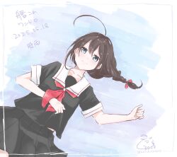 1girl ahoge artist_name black_hair black_serafuku black_shirt black_skirt blue_eyes braid copyright_name cowboy_shot dated dress hair_over_shoulder highres kantai_collection kurohina_(kurohina_66_s) long_hair lying neckerchief one-hour_drawing_challenge pleated_dress pleated_skirt red_neckerchief sailor_collar sailor_shirt school_uniform serafuku shigure_(kancolle) shirt single_braid skirt solo
