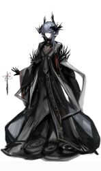 Rule 34 | 1boy, absurdres, arknights, black gloves, black robe, blue hair, brown eyes, chinese commentary, closed mouth, commentary request, expressionless, full body, gloves, hair between eyes, highres, logos (arknights), long sleeves, looking at viewer, male focus, medium hair, robe, sikadi shigaoshou, simple background, solo, standing, white background, wide sleeves
