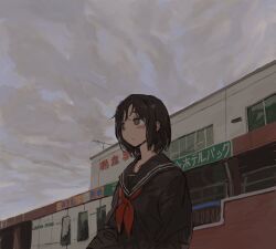 Rule 34 | 1girl, black hair, black sailor collar, black serafuku, black shirt, building, expressionless, grey sky, hasu art, highres, long sleeves, neckerchief, original, outdoors, overcast, red neckerchief, sailor collar, school uniform, serafuku, shirt, sky, solo, upper body, window