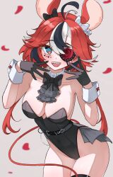 1girl :d absurdres alternate_costume animal_ears ascot bare_shoulders black_ascot black_bow black_bowtie black_gloves black_hair black_leotard blue_eyes bow bowtie breasts cleavage commentary detached_collar dice_hair_ornament english_commentary eyepatch facial_mark falling_petals gloves grey_background hair_between_eyes hair_bow hair_ornament hakos_baelz highleg highleg_leotard highres hololive hololive_english leotard long_hair looking_at_viewer low_twintails magui3 medium_breasts mouse_ears mouse_girl mouse_tail multicolored_hair official_alternate_hairstyle open_mouth petals playboy_bunny red_hair sharp_teeth simple_background smile solo strapless strapless_leotard streaked_hair tail teeth twintails upper_teeth_only virtual_youtuber white_hair wrist_cuffs