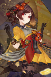 Rule 34 | 1girl, absurdres, artist name, bear minstrel, black gloves, black pantyhose, breasts, brown hair, chiori (genshin impact), choker, cowboy shot, drill hair, drill ponytail, genshin impact, gloves, grey kimono, hands up, highres, japanese clothes, kimono, looking ahead, medium breasts, pantyhose, red eyes, red sash, ribbon choker, sash, short kimono, skirt, solo, vision (genshin impact), yellow kimono, yellow skirt