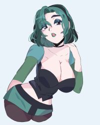 1girl absurdres artist_request breasts cartoon_network green_hair grey_background grey_eyes gwen_(total_drama) hanging_breasts highres large_breasts lips makeup open_mouth skirt tongue tongue_out total_drama