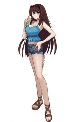 Rule 34 | 1girl, aozaki aoko, blue dress, blue eyes, breasts, brown hair, cleavage, collarbone, denim, denim shorts, dress, drink, drinking straw, hand on own hip, highres, large breasts, long hair, mahou tsukai no yoru, sandals, shintyoi2, shorts, solo, twitter username