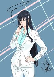 1girl alternate_costume aqua_shirt black_hair cigarette commentary english_commentary grey_eyes hand_on_own_hip holding holding_cigarette jacket kill_la_kill kiryuuin_satsuki long_hair looking_at_viewer office_lady pants shirt sidelocks signature smoke smoking solo standing vaporsoup7 white_jacket white_pants