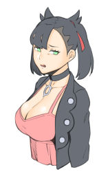 1girl alternate_breast_size black_choker black_hair black_jacket breasts choker cleavage disgust dress dyun green_eyes hair_horns highres jacket large_breasts looking_at_viewer marnie_(pokemon) medium_hair nintendo open_clothes open_jacket parted_lips pink_dress pokemon pokemon_swsh simple_background solo twintails upper_body white_background