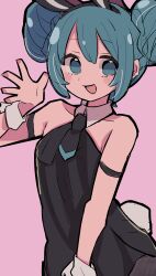 Rule 34 | 1girl, absurdres, animal ears, aqua eyes, aqua hair, armband, bicute bunnies miku, black pantyhose, detached collar, double bun, hair bun, hatsune miku, highres, leotard, looking at viewer, n40a1, necktie, open mouth, pantyhose, pink background, playboy bunny, rabbit ears, rabbit tail, short necktie, smile, solo, tail, vocaloid, waving