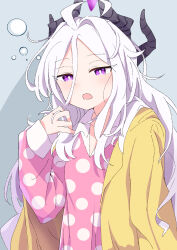 1girl absurdres ahoge arm_at_side black_horns blue_archive breasts bright_pupils bubble collarbone collared_pajamas commentary d: demon_horns dot_nose fill_(fill_lemonn) grabbing_own_hair grey_background hair_between_eyes hair_intakes half-closed_eyes hand_up highres hina_(blue_archive) hina_(pajamas)_(blue_archive) horns jacket light_blush long_hair long_hair_between_eyes long_sleeves looking_at_viewer messy_hair multiple_horns open_clothes open_jacket open_mouth pajamas parted_bangs pink_pajamas polka_dot polka_dot_pajamas puffy_long_sleeves puffy_sleeves purple_eyes sidelocks simple_background sleepy small_breasts solo upper_body very_long_hair white_hair white_pupils yellow_jacket