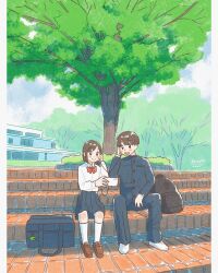 1boy 1girl :d backpack bag bow bowtie brown_hair brown_shoes cellphone dated earphones highres holding holding_phone long_sleeves looking_at_phone maekawa_wakaba open_mouth original outdoors phone pillarboxed red_bow red_bowtie school_uniform shared_earphones shirt shoes short_hair sitting skirt smartphone smile socks tree white_shirt white_shoes white_socks
