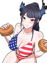 1girl american_flag american_flag_bikini american_flag_print asymmetrical_horns bikini black_hair blue_hair breasts burger cheese cleavage collarbone colored_inner_hair crystal_horns demon_horns flag_print flag_print_bikini flower food hair_ornament highres holding holding_burger holding_food hololive hololive_english horn_flower horns j-kat_(jellycat) large_breasts lettuce long_hair looking_at_viewer meat mole mole_under_eye multicolored_hair navel nerissa_ravencroft print_bikini print_swimsuit red_eyes sesame_seeds simple_background smile solo star_(symbol) star_print swimsuit tomato tomato_slice two-tone_hair uneven_horns very_long_hair virtual_youtuber