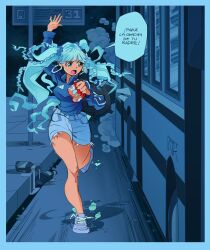 1girl :o absurdres adidas aqua_eyes aqua_hair argentina argentinian_miku artist_name beer_bottle biscuit_(bread) blue_footwear blue_jacket braid bus bus_stop denim denim_shorts earrings hatsune_miku highres hoop_earrings jacket jewelry looking_at_another martink_comics motion_lines motor_vehicle multiple_braids nail_polish road running shadow shorts sidewalk solo spanish_text speech_bubble speed_lines street teeth track_jacket translated untied_shoe upper_teeth_only vocaloid waving_arm worldwide_miku