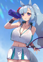 1girl azur_lane bare_shoulders black_bra black_panties blue_hair bra bra_visible_through_clothes breasts bremerton_(azur_lane) bremerton_(azur_lane)_(cosplay) bremerton_(scorching-hot_training)_(azur_lane) cleavage cosplay crop_top crop_top_overhang highres huge_breasts long_hair mejiro_ardan_(umamusume) missile_(55missile) navel navel_piercing panties panties_visible_through_clothes piercing ponytail purple_eyes racket see-through_clothes sportswear sweat tennis_racket tennis_uniform two-tone_shirt two-tone_skirt umamusume underwear