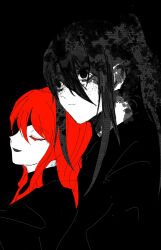 1boy 1girl black_background black_hair black_robe black_shirt black_theme colored_eyelashes expressionless eyelashes eyepatch highres hwa_ryun jyu_viole_grace long_hair long_sleeves original red_hair robe shirt smile tower_of_god wy285223