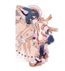 1boy animal-themed_footwear animal_ear_fluff bandaid bandaid_on_knee bandaid_on_leg belt black_hair black_thighhighs blush bright_pupils carrot_hair_ornament closed_mouth commentary double-parted_bangs eyes_visible_through_hair fang food-themed_hair_ornament full_body gun hair_between_eyes hair_ornament hairclip hat hat_belt highres jacket leg_warmers long_sleeves male_focus orange_belt orange_eyes original ozureiji rabbit_boy rabbit_tail rifle sailor_hat shoes short_hair single_leg_warmer single_thighhigh skin_fang smile solo symbol-only_commentary tail thighhighs tsurime weapon white_hat white_jacket white_leg_warmers white_pupils white_shoes zipper