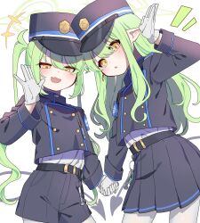 2girls :d absurdres armband belt belt_buckle black_belt black_hat black_jacket black_shorts black_skirt blue_archive buckle buttons charm_(object) cowboy_shot demon_tail double-breasted earrings fang gloves green_hair green_halo halo hand_up hat highres hikari_(blue_archive) holding_hands jacket jewelry long_hair long_sleeves looking_at_viewer misoice_ramen multiple_girls nozomi_(blue_archive) open_mouth peaked_cap pleated_skirt pointy_ears shorts siblings sisters skin_fang skirt smile tail twins twintails very_long_hair white_gloves yellow_eyes