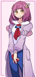 1girl arched_bangs blue_pants blueberry_academy_(emblem) blueberry_academy_school_uniform blush brown_eyes cardigan collared_shirt eyelashes gloves hair_ornament hairclip highres lacey_(pokemon) long_sleeves looking_at_viewer missandydandy nintendo open_cardigan open_clothes pants pink_cardigan pink_hair pokemon pokemon_sv purple_cardigan red_gloves school_uniform shirt short_hair single_glove smile solo white_shirt yellow_eyes