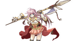 Rule 34 | 1girl, ahoge, armor, belt, black belt, black thighhighs, blue eyes, boobplate, breastplate, cape, closed mouth, commentary request, cowboy shot, cross, cross of prontera, halberd, holding, holding behind back, holding polearm, holding weapon, holding weapon behind back, leaning forward, long hair, looking at viewer, lord knight (ragnarok online), miniskirt, pauldrons, pink hair, pink skirt, polearm, ragnarok online, red cape, shoulder armor, simple background, skirt, smile, solo, spiked gauntlets, thighhighs, togawa makoto, weapon, white background
