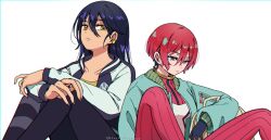 2girls amate_yuzuriha aqua_eyes bhachi88888888 gundam gundam_gquuuuuux highres jacket knees_up leggings long_hair mecha_pilot_suit multiple_girls nyaan_(gundam_gquuuuuux) purple_hair red_hair short_hair simple_background sitting white_background yellow_eyes