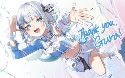 1girl absurdres arms_up blue_eyes blue_hair boots confetti crop_top english_text full_body gang_h gawr_gura hair_ornament highres hololive hololive_english idol looking_at_viewer midriff miniskirt multicolored_hair navel open_hands outstretched_arm skirt solo stomach streaked_hair thank_you virtual_youtuber white_boots white_hair white_skirt