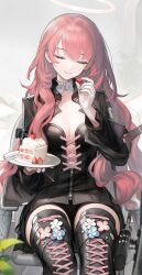 1girl absurdres arknights black_bow black_dress black_jacket black_shorts black_thighhighs blue_flower boots bow breasts cake cake_slice closed_eyes closed_mouth collar commentary dress earrings energy_wings flower food footwear_flower fruit grey_background halo highres holding holding_plate jacket jewelry lemuen_(arknights) long_hair long_sleeves nopetroto pink_flower pink_hair plant plate shorts simple_background single_earring sitting smile solo strawberry thigh_boots thighhighs thighs white_collar white_flower wings
