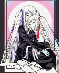 Rule 34 | 2girls, atyakodayo1, black serafuku, black shirt, black skirt, foot out of frame, geminism, gloves, gradient background, hair ribbon, half-closed eyes, hirosoma kikyou, hirosoma shinku, hug, inset border, long hair, long sleeves, looking at another, multiple girls, mutual hug, outside border, parted lips, pink background, purple eyes, red eyes, red ribbon, ribbon, school uniform, serafuku, shirt, siblings, sitting, skirt, swept bangs, twins, twitter username, two side up, very long hair, wariza, white background, white hair