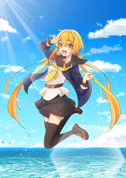 1girl absurdres black_sailor_collar black_skirt black_thighhighs blonde_hair blue_sky brown_shoes crescent crescent_pin day fang hair_between_eyes highres jumping kantai_collection loafers long_hair long_sleeves low_twintails miniskirt natsu_chiki neckerchief ocean open_mouth outdoors sailor_collar satsuki_(kancolle) satsuki_kai_ni_(kancolle) school_uniform serafuku shoes skin_fang skirt sky solo thighhighs twintails very_long_hair yellow_eyes yellow_neckerchief