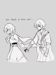1boy 1girl alphastroo arm_cutout armor blunt_ends bodysuit bow bridal_gauntlets cape corset cropped_legs detached_sleeves dress english_text feather_hair_ornament feathers furisode gem genshin_impact gloves grey_background greyscale hair_ornament highres holding_hands japanese_armor japanese_clothes juban kimono kote layered_sleeves looking_at_another looking_down looking_to_the_side lumine_(genshin_impact) monochrome no_mouth open_clothes open_kimono partially_fingerless_gloves pleated_shorts pom_pom_(clothes) scaramouche_(genshin_impact) scarf short_hair short_hair_with_long_locks short_sleeves sidelocks tassel vambraces vision_(genshin_impact) wanderer_(genshin_impact) wispy_bangs
