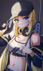 1girl absurdres bare_shoulders baseball_cap black_hat black_jacket breasts cleavage crop_top gun hand_up handgun hat headphones headphones_around_neck highres holding holding_gun holding_weapon jacket linsia medium_breasts nalua_h navel off_shoulder original shirt sleeveless sleeveless_shirt solo stomach trigger_discipline upper_body weapon weapon_on_back white_shirt