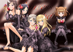 Rule 34 | 5girls, ange (princess principal), beatrice (princess principal), black hair, black legwear, blonde hair, blue eyes, blush, breasts, brown eyes, brown hair, dorothy (princess principal), flower, hair flower, hair ornament, large breasts, long hair, looking at viewer, multiple girls, pantyhose, princess (princess principal), princess principal, purple eyes, taniguchi gou, toudou chise, valentine, white hair