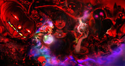 00 1girl black_cat blurry candle castle cat dark fog glowing glowing_eyes halloween hat highres holding jack-o&#039;-lantern jewelry long_hair original pendant potion red_theme silhouette upper_body witch witch_hat