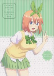 1girl absurdres arm_behind_back blue_eyes blush bow bowtie breasts closed_mouth collarbone collared_shirt dot_mouth english_text female_focus go-toubun_no_hanayome green_bow green_bowtie green_skirt hair_bow highres large_breasts legs looking_at_viewer miniskirt nakano_yotsuba official_art open_mouth orange_hair peace peace_symbol pleated_skirt school_uniform shirt shirt_tucked_in shirt_under_sweater shirt_under_vest short_hair short_sleeves skirt solo solo_focus sweater sweater_vest teeth thighs tongue upper_teeth_only v vest white_shirt yellow_sweater yellow_sweater_vest yellow_vest