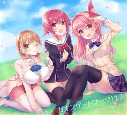 3girls 5pb. :d ;) antenna_hair arm_up black_dress black_thighhighs blue_flower blue_rose bow bowtie breasts chaos;child chaos;head cherry_blossoms collarbone collared_shirt company_connection day dress dress_shirt flower gloves grass hair_between_eyes hair_bow hair_intakes index_finger_raised large_breasts long_hair long_sleeves looking_at_viewer medium_hair miniskirt multiple_girls narusawa_ryouka nishijou_myu occultic;nine one_eye_closed onoe_serika open_mouth outdoors pink_hair pink_skirt plaid_bow plaid_bowtie plaid_clothes plaid_skirt pleated_dress pleated_skirt purple_bow purple_bowtie purple_skirt red_bow red_bowtie red_eyes red_hair rose sailor_collar sailor_dress sakihata_rimi salute shiny_clothes shiny_legwear shirt short_dress side_ponytail single_glove sitting skirt smile thighhighs white_gloves white_sailor_collar white_shirt white_thighhighs wing_collar yellow_eyes zettai_ryouiki