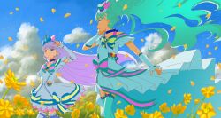 2girls aqua_hair aqua_thighhighs arm_warmers blue_dress blue_eyes bow brooch choker cloud crown cure_lillian cure_nyammy day dress earrings field floating_hair flower flower_field hair_bow hairband hat heart heart_brooch high-low_dress high_ponytail highres jewelry kagekaku long_hair looking_at_another magical_girl mini_crown mini_hat multiple_girls nekoyashiki_mayu nekoyashiki_yuki outdoors petals pleated_dress ponytail precure purple_eyes sky sleeveless sleeveless_dress smile striped_bow thighhighs very_long_hair white_dress white_hair white_thighhighs wonderful_precure! yellow_flower
