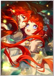 2girls angel_wings black_gloves blush cross-shaped_pupils dress flower game_cg gloves greco-roman_clothes hair_flower hair_ornament hairband highres honkai:_star_rail honkai_(series) long_hair mother_and_daughter multiple_girls official_art pointy_ears red_hair red_nails symbol-shaped_pupils third-party_source tribbie_(honkai:_star_rail) white_dress wings