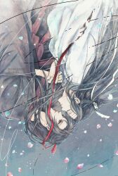 2boys bishounen black_eyes black_hair black_hanfu chinese_clothes closed_eyes closed_mouth coat crying crying_with_eyes_open falling falling_petals floating_hair grey_coat hair_down hair_ribbon half_updo hand_grab hanfu headband highres lan_wangji light_particles long_hair long_sleeves looking_at_another male_focus modao_zushi multiple_boys official_alternate_costume official_alternate_hairstyle open_clothes open_coat petals profile red_ribbon red_sash ribbon robe sash string tears topknot torn_clothes twitter_username upside-down w2biiro watermark wei_wuxian wei_wuxian_(yiling_laozu) white_hanfu white_headband wide_sleeves xiao_guan_(headdress) yaoi
