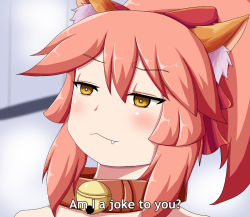 Rule 34 | 1girl, animal ear fluff, animal ears, belt collar, blurry, blurry background, bow, bright pupils, collar, commentary, depth of field, english commentary, english text, fake screenshot, fang, fang out, fate/grand order, fate (series), female focus, fox ears, hair bow, highres, keita naruzawa, meme, parody, pink hair, ponytail, portrait, red bow, solo, subtitled, tamamo (fate), tamamo cat (fate), yellow eyes